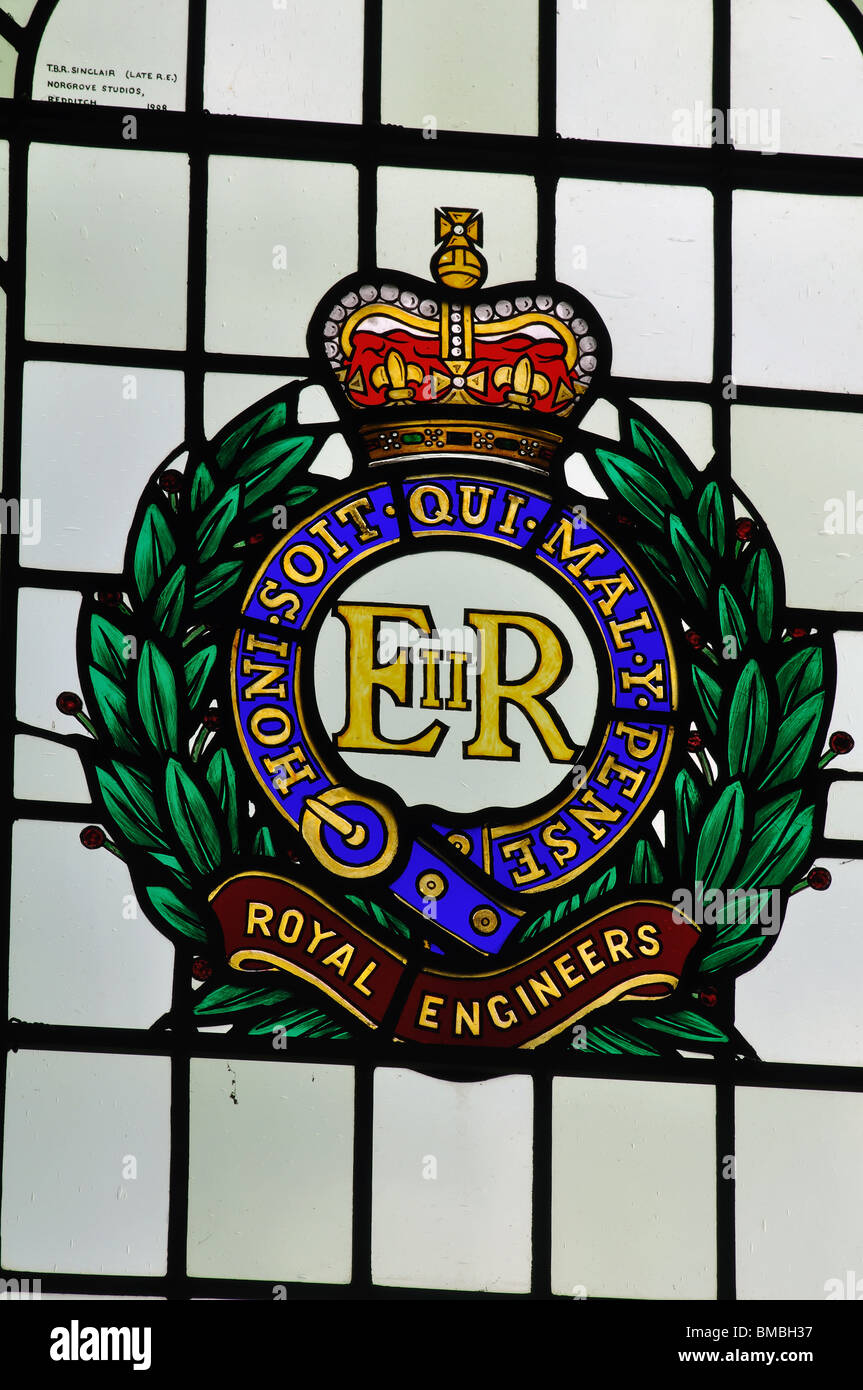 Royal Engineers crest stained glass, St. Swithin`s Church, Lower Quinton, Warwickshire, England, UK Stock Photo